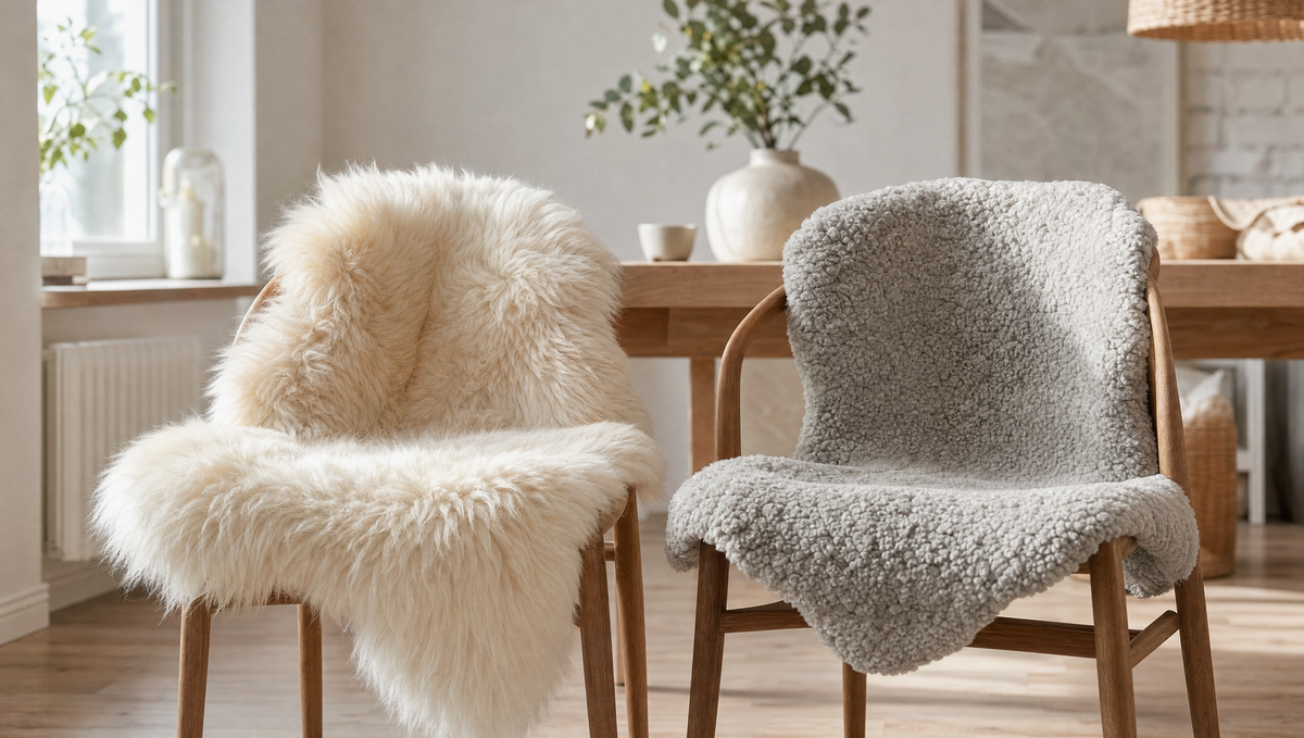 Langharige en kortharige schapenvacht naast elkaar op eetkamerstoelen
