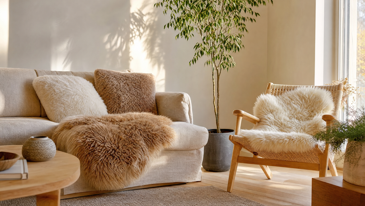 Schapenvachten gestyled op bank en loungestoel in een Scandinavische woonkamer