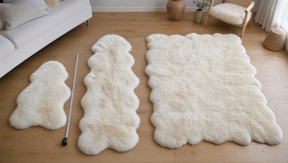 Schapenvachten in drie maten op een eiken vloer met meetlint